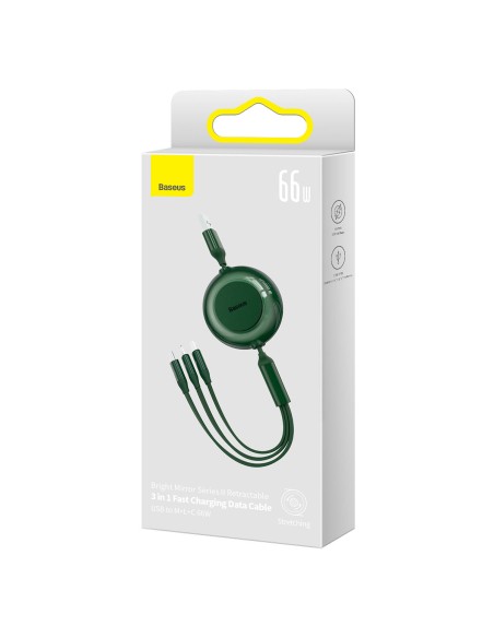 Ištraukiamas laidas 3in1 USB microUSB + iPhone Lightning + USB-C 66W 1,1m žalias Ištraukiamas laidas 3in1 USB microUSB + iPhone Lightning + USB-C 66W 1,1m žalias
