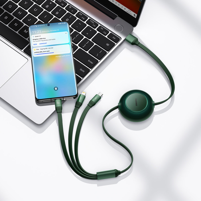 Ištraukiamas laidas 3in1 USB microUSB + iPhone Lightning + USB-C 66W 1,1m žalias