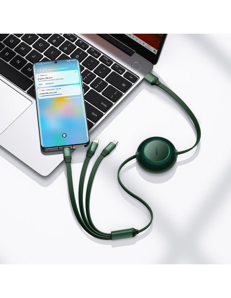 Ištraukiamas laidas 3in1 USB microUSB + iPhone Lightning + USB-C 66W 1,1m žalias Ištraukiamas laidas 3in1 USB microUSB + iPhone Lightning + USB-C 66W 1,1m žalias
