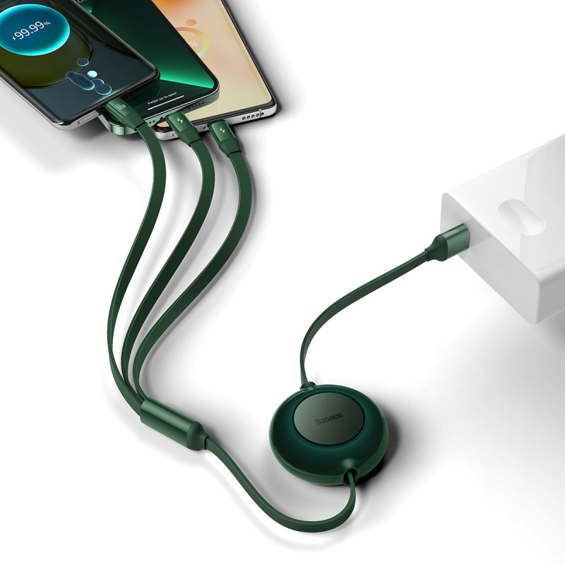 Ištraukiamas laidas 3in1 USB microUSB + iPhone Lightning + USB-C 66W 1,1m žalias