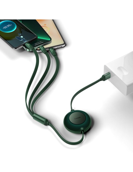 Ištraukiamas laidas 3in1 USB microUSB + iPhone Lightning + USB-C 66W 1,1m žalias Ištraukiamas laidas 3in1 USB microUSB + iPhone Lightning + USB-C 66W 1,1m žalias