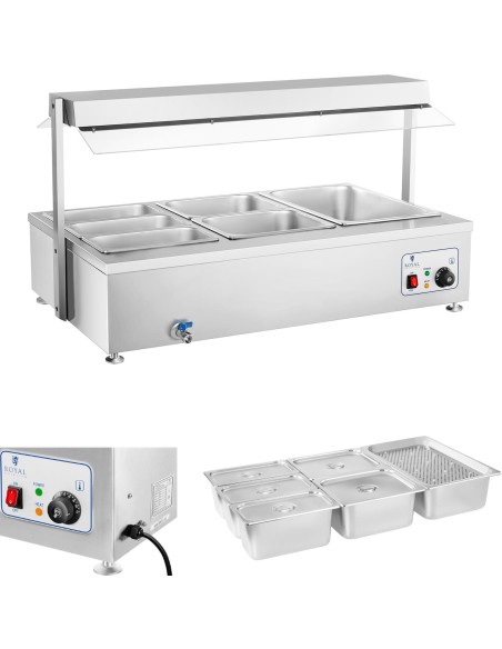 Bain marie laisvai pastatomas vandens šildytuvas su čiaupu 6 x GN 150mm 55L Royal Catering Bain marie laisvai pastatomas vandens šildytuvas su čiaupu 6 x GN 150mm 55L Royal Catering