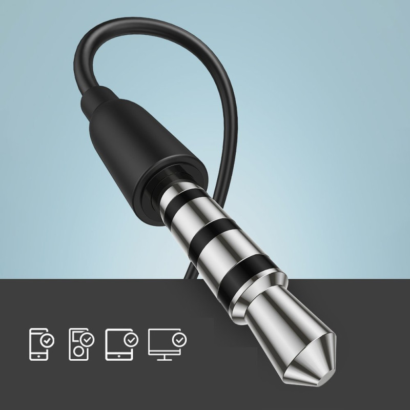 Į ausis įdedamos ausinės 3,5 mm mini lizdas su nuotolinio valdymo pultu ir juodu mikrofonu