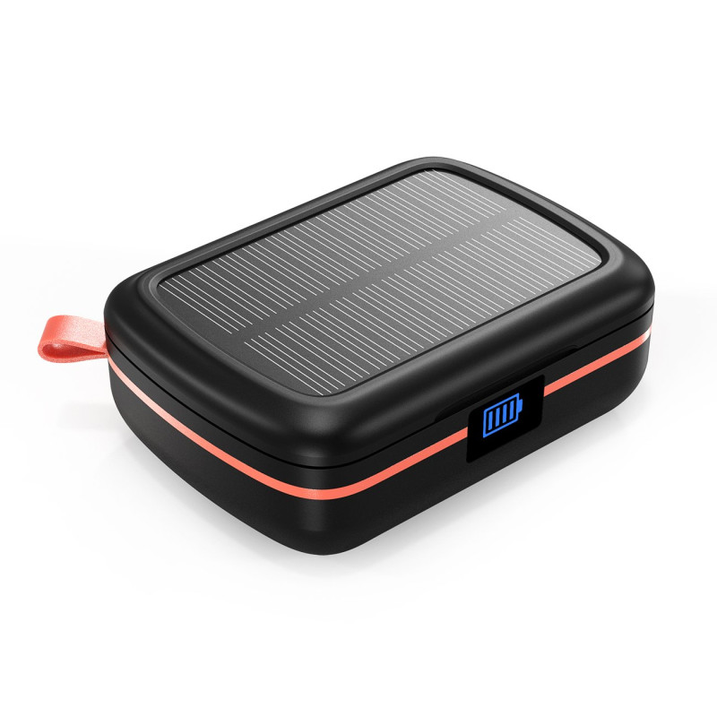 Vandeniui atsparios TWS belaidės ausinės su saulės įkrovikliu ir 2500 mAh juodos spalvos maitinimo bloku
