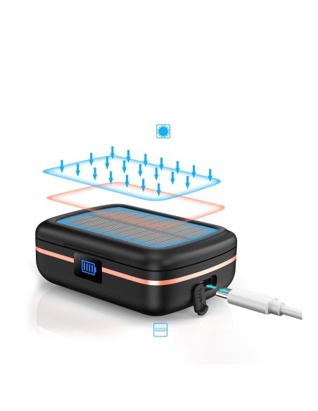 Vandeniui atsparios TWS belaidės ausinės su saulės įkrovikliu ir 2500 mAh juodos spalvos maitinimo bloku Vandeniui atsparios TWS belaidės ausinės su saulės įkrovikliu ir 2500 mAh juodos spalvos maitinimo bloku