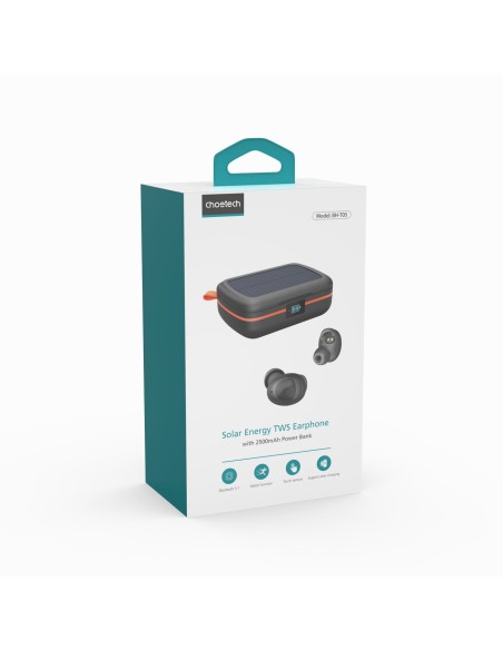 Vandeniui atsparios TWS belaidės ausinės su saulės įkrovikliu ir 2500 mAh juodos spalvos maitinimo bloku Vandeniui atsparios TWS belaidės ausinės su saulės įkrovikliu ir 2500 mAh juodos spalvos maitinimo bloku