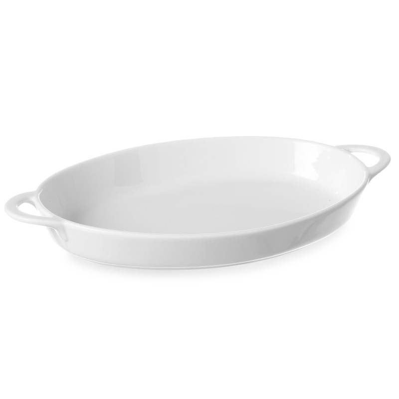 Ovali kepimo indas su rankenomis 270x180x40mm balto porceliano - Hendi 784020