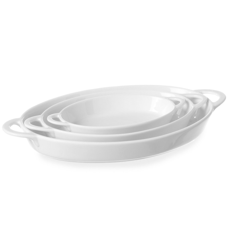 Ovali kepimo indas su rankenomis 270x180x40mm balto porceliano - Hendi 784020
