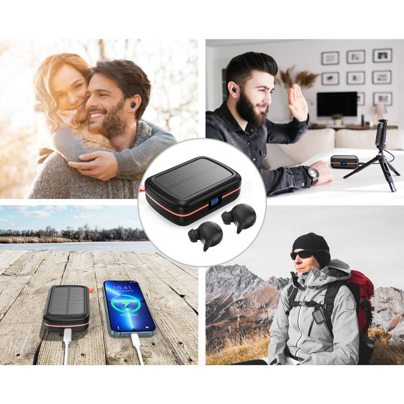 Vandeniui atsparios TWS belaidės ausinės su saulės įkrovikliu ir 2500 mAh juodos spalvos maitinimo bloku