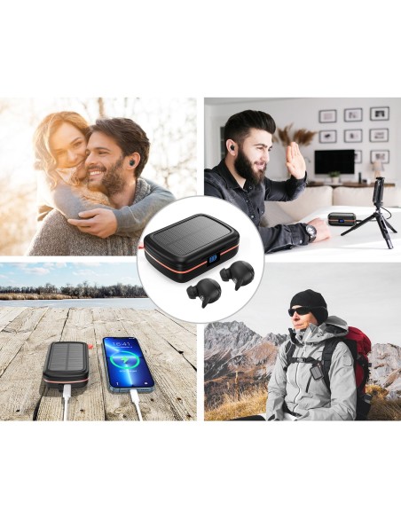 Vandeniui atsparios TWS belaidės ausinės su saulės įkrovikliu ir 2500 mAh juodos spalvos maitinimo bloku Vandeniui atsparios TWS belaidės ausinės su saulės įkrovikliu ir 2500 mAh juodos spalvos maitinimo bloku