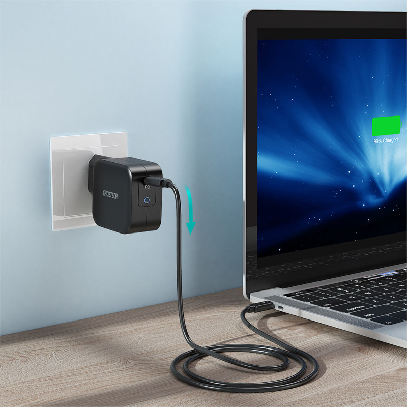 GaN USB Type C 60W sieninis įkroviklis + USB Type C laidas 1,8m juodas