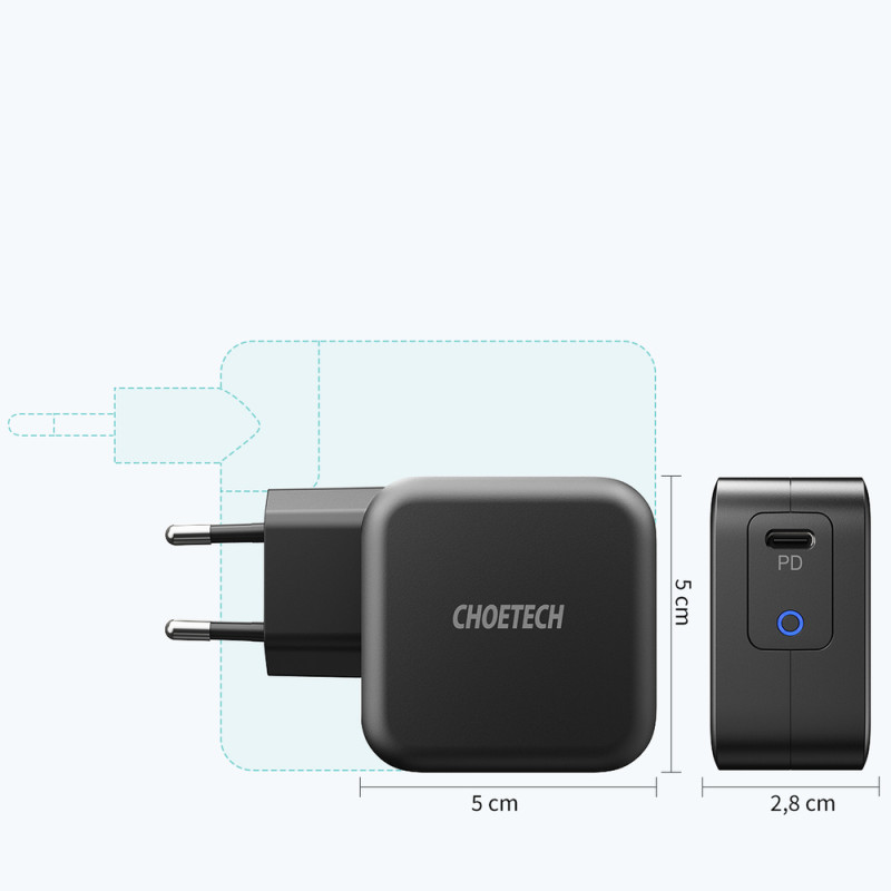 GaN USB Type C 60W sieninis įkroviklis + USB Type C laidas 1,8m juodas