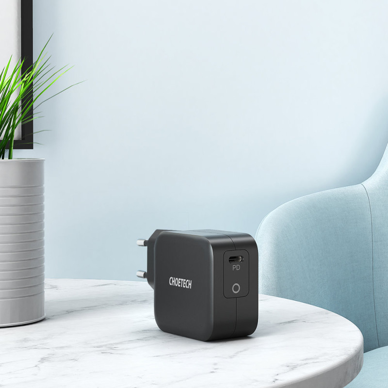 GaN USB Type C 60W sieninis įkroviklis + USB Type C laidas 1,8m juodas