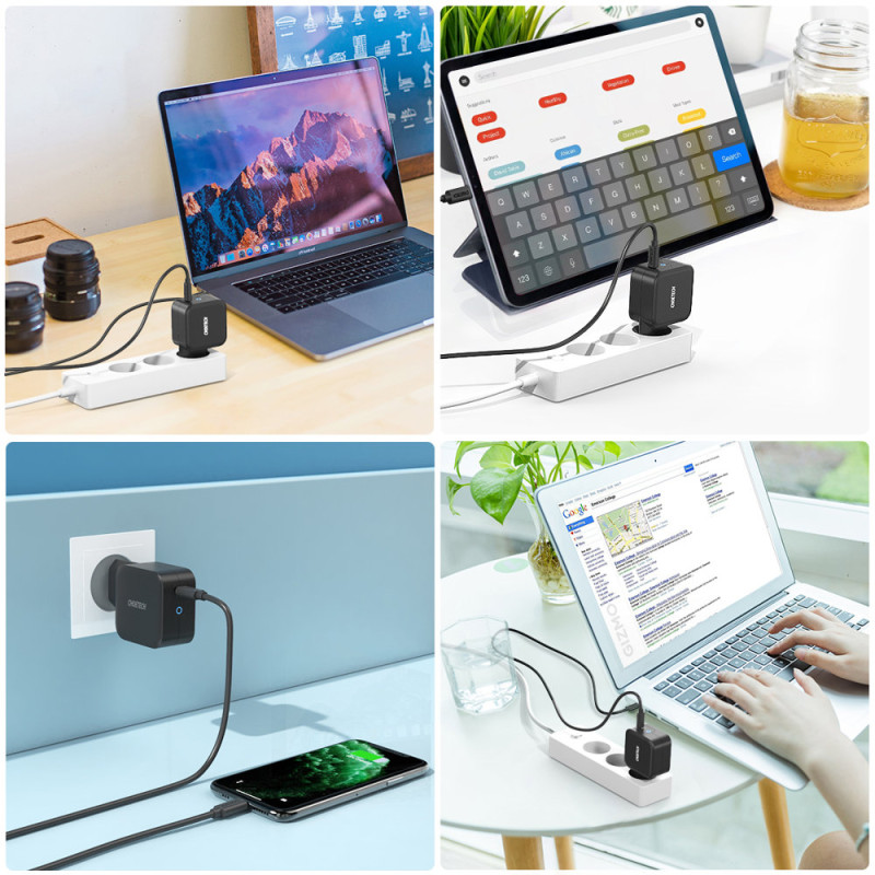 GaN USB Type C 60W sieninis įkroviklis + USB Type C laidas 1,8m juodas