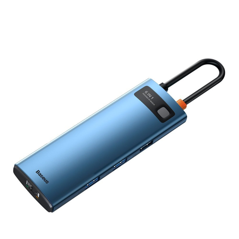 Daugiafunkcis HUB 6in1 USB-C maitinimo tiekimas 100W HDMI 4K 3xUSB 3.2 RJ45 mėlyna