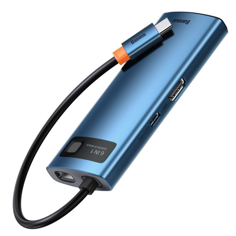 Daugiafunkcis HUB 6in1 USB-C maitinimo tiekimas 100W HDMI 4K 3xUSB 3.2 RJ45 mėlyna