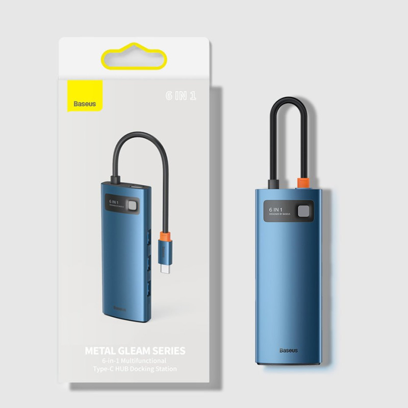 Daugiafunkcis HUB 6in1 USB-C maitinimo tiekimas 100W HDMI 4K 3xUSB 3.2 RJ45 mėlyna