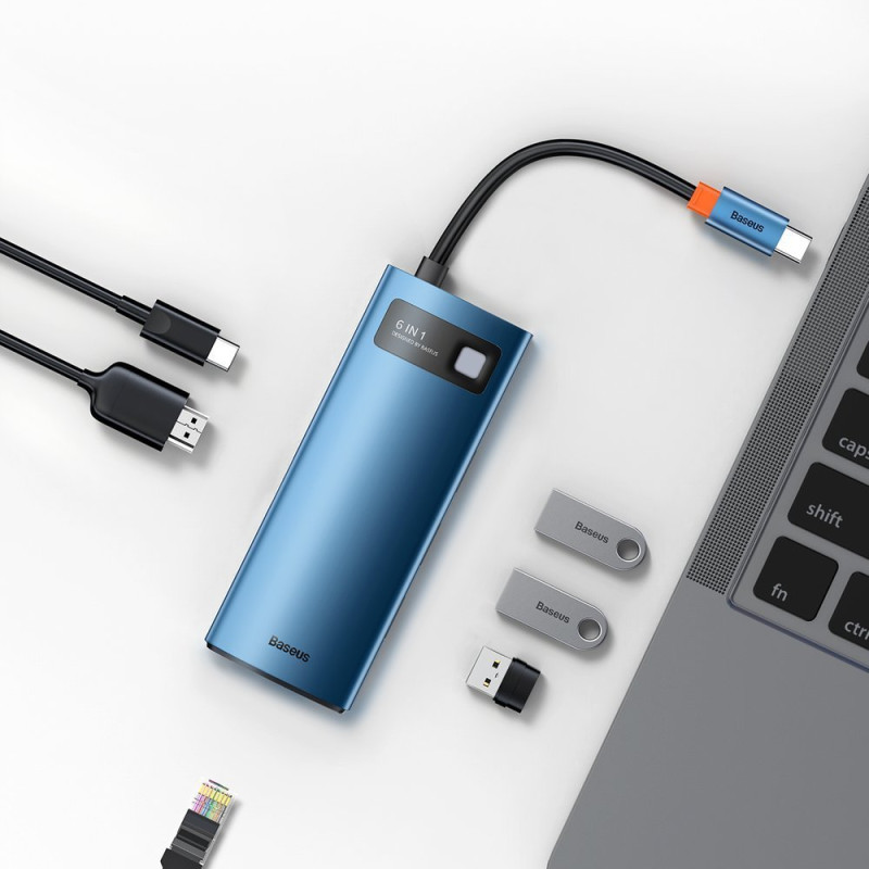 Daugiafunkcis HUB 6in1 USB-C maitinimo tiekimas 100W HDMI 4K 3xUSB 3.2 RJ45 mėlyna