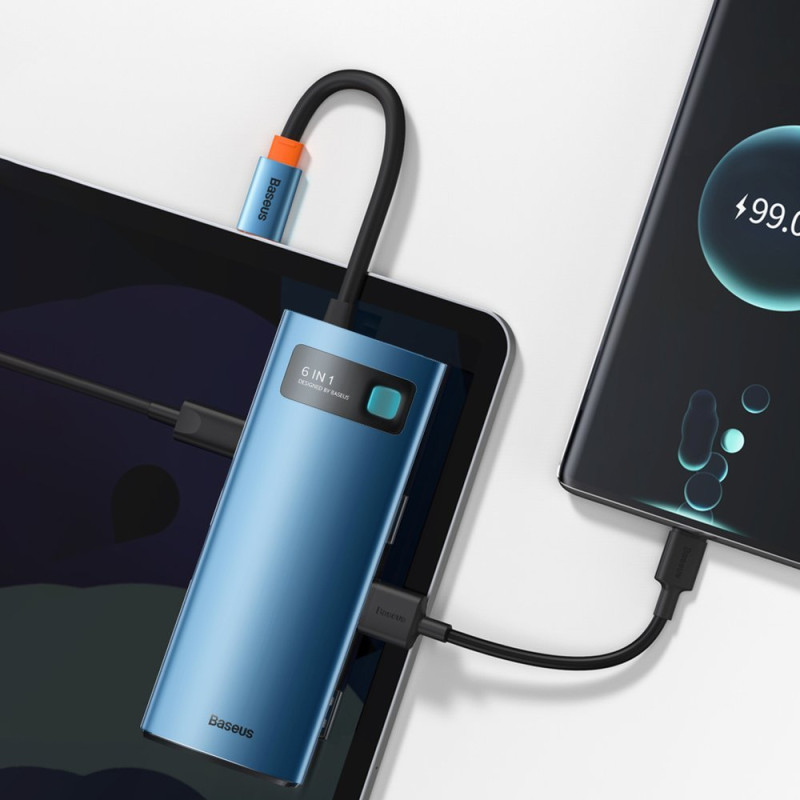 Daugiafunkcis HUB 6in1 USB-C maitinimo tiekimas 100W HDMI 4K 3xUSB 3.2 RJ45 mėlyna