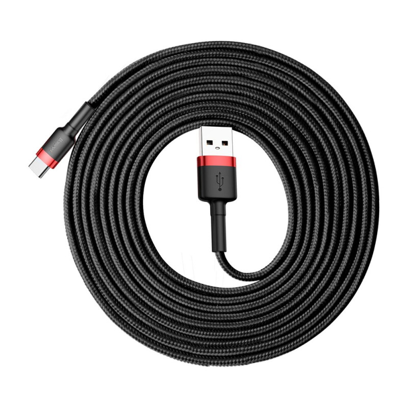 Patvarus nailoninis USB laidas USB-C QC3.0 2A 3M juodos ir raudonos spalvos