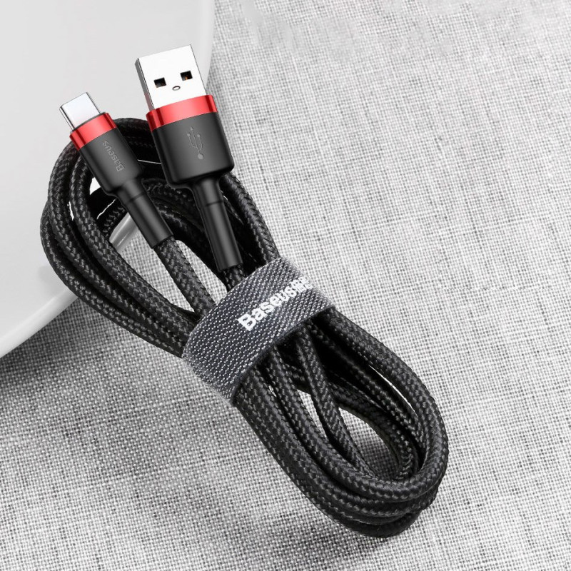 Patvarus nailoninis USB laidas USB-C QC3.0 2A 3M juodos ir raudonos spalvos
