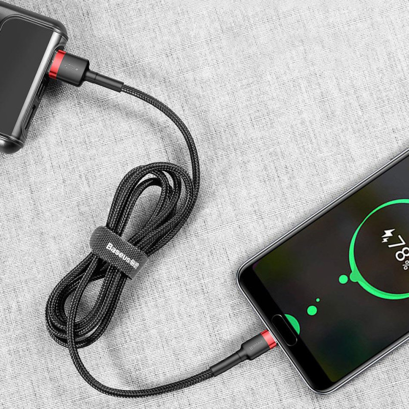 Patvarus nailoninis USB laidas USB-C QC3.0 2A 3M juodos ir raudonos spalvos