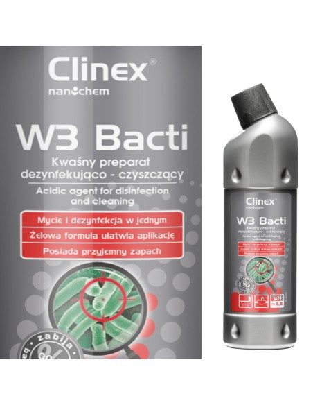 Baktericidinis skystis vonios ir sanitarinių prietaisų dezinfekcijai ir fumigacijai CLINEX W3 Bacti 1L Baktericidinis skystis vonios ir sanitarinių prietaisų dezinfekcijai ir fumigacijai CLINEX W3 Bacti 1L
