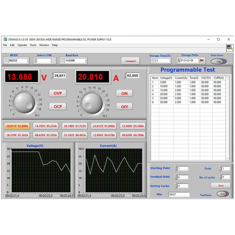 Aptarnavimo laboratorijos maitinimo šaltinis 0-30 V 0-30 A 300 W USB LAN RS232