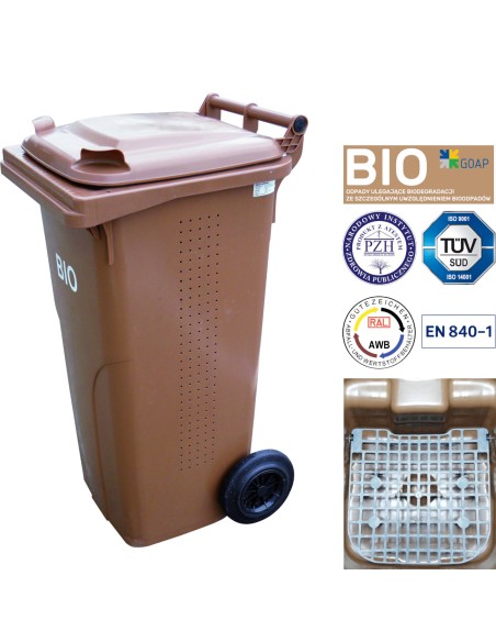 Konteinerinis kibiras BIO atliekoms su dvigubu dugnu rudu 240L BIO + GRATE Konteinerinis kibiras BIO atliekoms su dvigubu dugnu rudu 240L BIO + GRATE