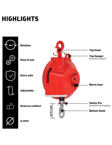 Kabelio balansavimo spyruoklinis įtempimo mažinimas įrankiams 9 - 15 kg 2,5 m Kabelio balansavimo spyruoklinis įtempimo mažinimas įrankiams 9 - 15 kg 2,5 m