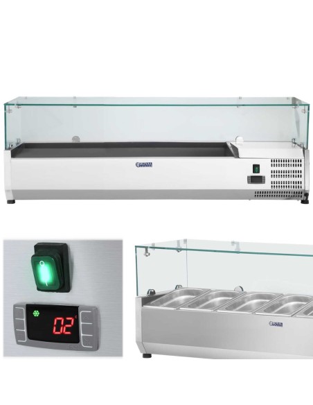 Aušinimo stalviršis su stikliniu dangteliu 5x GN1/3 ir 1x GN1/2 150cm