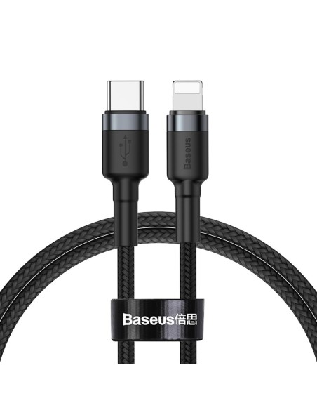 Patvarus nailono kabelis USB-C PD iPhone Lightning 18W QC3.0 1m juodai pilkas Patvarus nailono kabelis USB-C PD iPhone Lightning 18W QC3.0 1m juodai pilkas