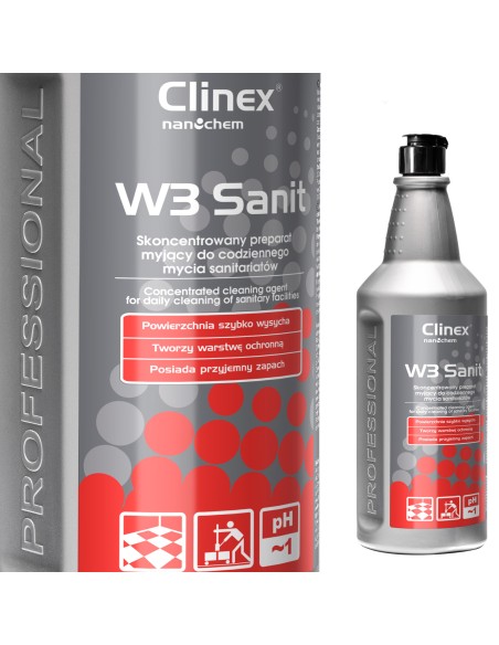 CLINEX W3 Sanit 1L skystas koncentratas, skirtas tualetų ir vonios kambarių sienų plytelėms plauti CLINEX W3 Sanit 1L skystas koncentratas, skirtas tualetų ir vonios kambarių sienų plytelėms plauti