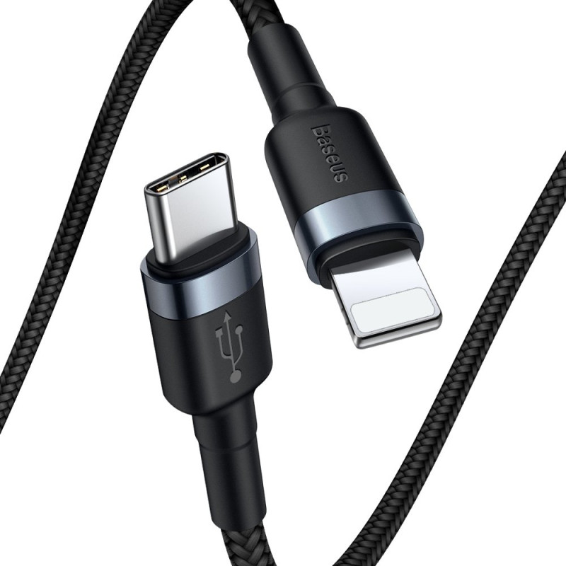 Patvarus nailono kabelis USB-C PD iPhone Lightning 18W QC3.0 1m juodai pilkas