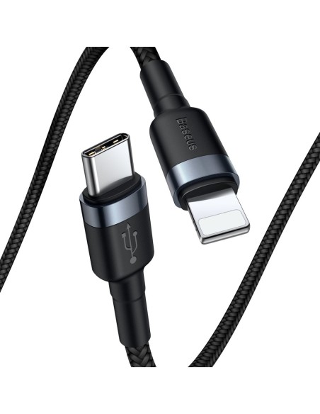 Patvarus nailono kabelis USB-C PD iPhone Lightning 18W QC3.0 1m juodai pilkas Patvarus nailono kabelis USB-C PD iPhone Lightning 18W QC3.0 1m juodai pilkas