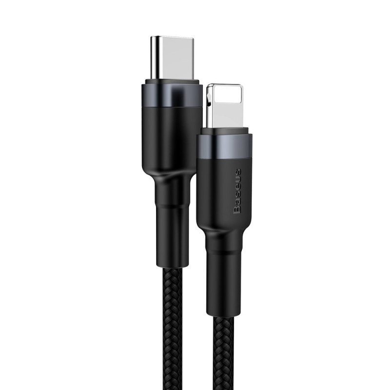 Patvarus nailono kabelis USB-C PD iPhone Lightning 18W QC3.0 1m juodai pilkas