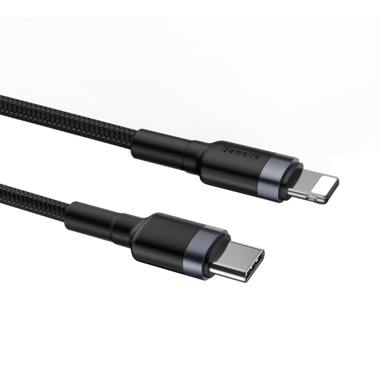Patvarus nailono kabelis USB-C PD iPhone Lightning 18W QC3.0 1m juodai pilkas