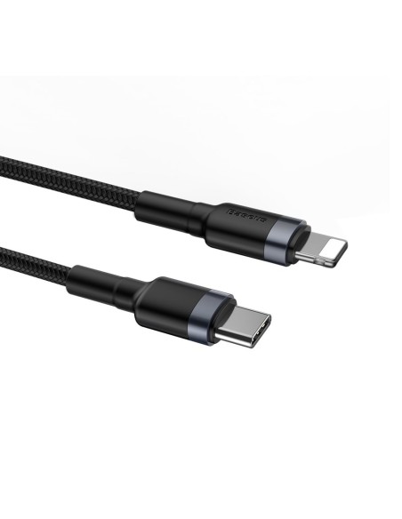 Patvarus nailono kabelis USB-C PD iPhone Lightning 18W QC3.0 1m juodai pilkas Patvarus nailono kabelis USB-C PD iPhone Lightning 18W QC3.0 1m juodai pilkas