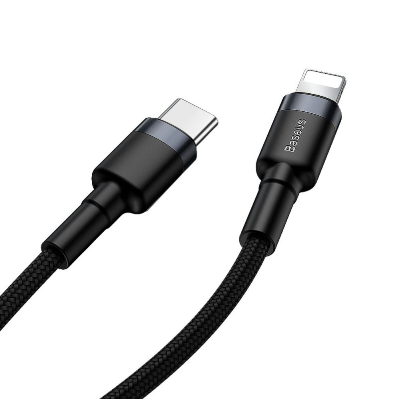 Patvarus nailono kabelis USB-C PD iPhone Lightning 18W QC3.0 1m juodai pilkas