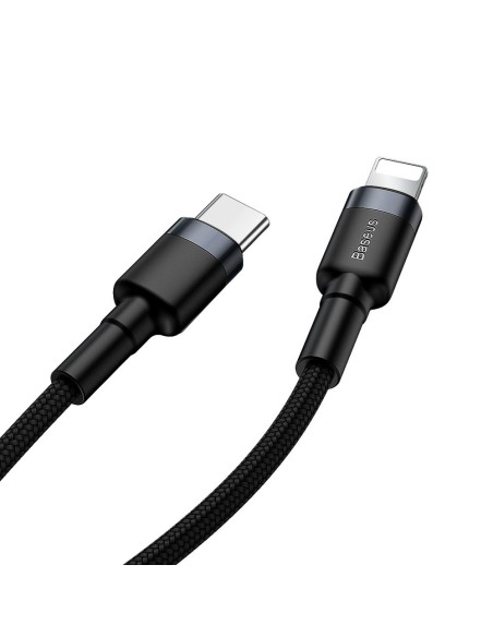 Patvarus nailono kabelis USB-C PD iPhone Lightning 18W QC3.0 1m juodai pilkas Patvarus nailono kabelis USB-C PD iPhone Lightning 18W QC3.0 1m juodai pilkas
