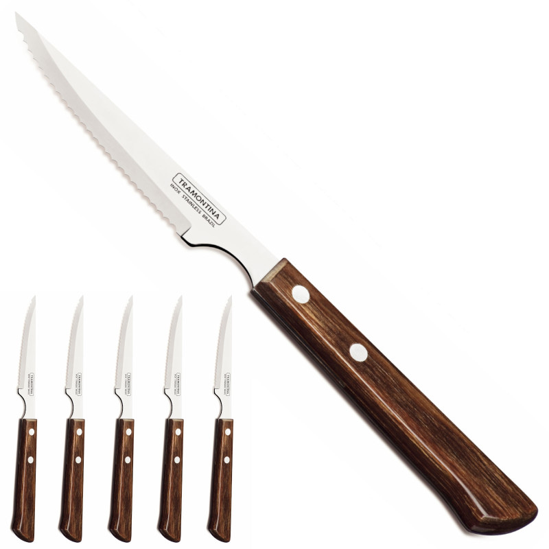 Dantytas nerūdijančio plieno kepsnių peilis Churrasco Spanish Style 6 vnt L. 220 mm Ruda Dantytas nerūdijančio plieno kepsnių peilis Churrasco Spanish Style 6 vnt L. 220 mm Ruda