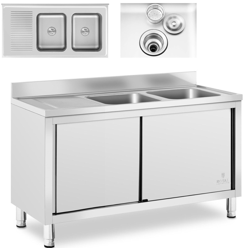 Dviejų kamerų gastronominė baseino kriauklė su spintele su stumdomomis durimis 140 x 70 x 95 cm Dviejų kamerų gastronominė baseino kriauklė su spintele su stumdomomis durimis 140 x 70 x 95 cm