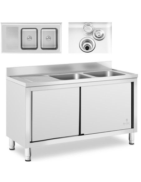 Dviejų kamerų gastronominė baseino kriauklė su spintele su stumdomomis durimis 140 x 70 x 95 cm