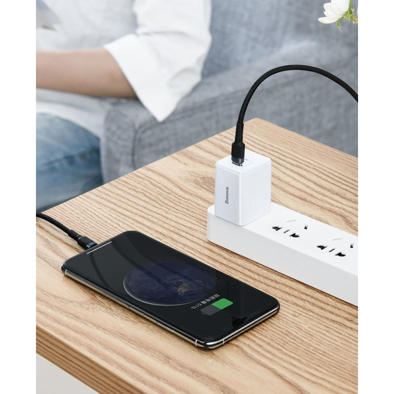 Patvarus nailono kabelis USB-C PD iPhone Lightning 18W QC3.0 1m juodai pilkas