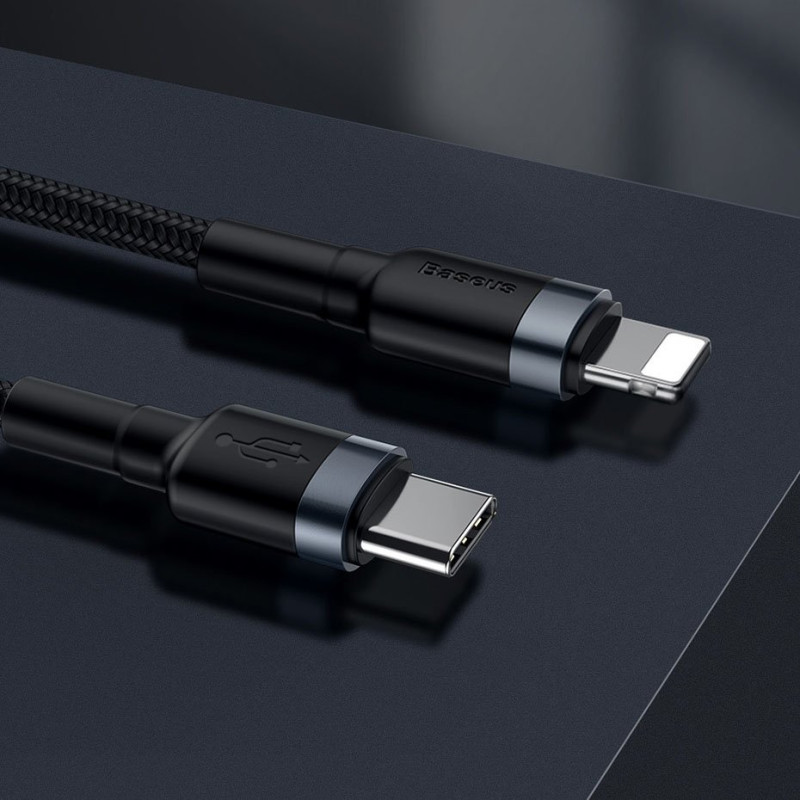 Patvarus nailono kabelis USB-C PD iPhone Lightning 18W QC3.0 1m juodai pilkas