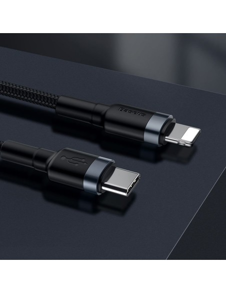 Patvarus nailono kabelis USB-C PD iPhone Lightning 18W QC3.0 1m juodai pilkas Patvarus nailono kabelis USB-C PD iPhone Lightning 18W QC3.0 1m juodai pilkas
