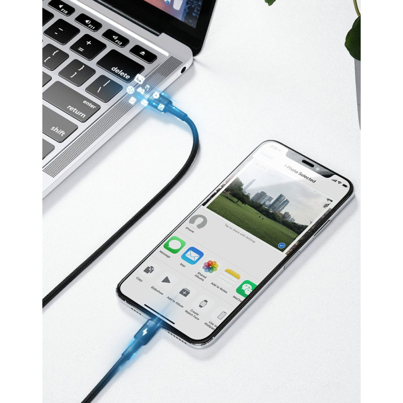 Patvarus nailono kabelis USB-C PD iPhone Lightning 18W QC3.0 1m juodai pilkas