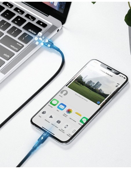 Patvarus nailono kabelis USB-C PD iPhone Lightning 18W QC3.0 1m juodai pilkas Patvarus nailono kabelis USB-C PD iPhone Lightning 18W QC3.0 1m juodai pilkas
