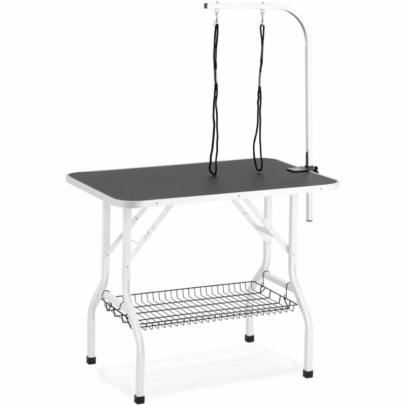 Šunų kirpimo stalas sulankstomas su lentyna 70 kg 910 x 610 mm 2 pavadėliai - balti