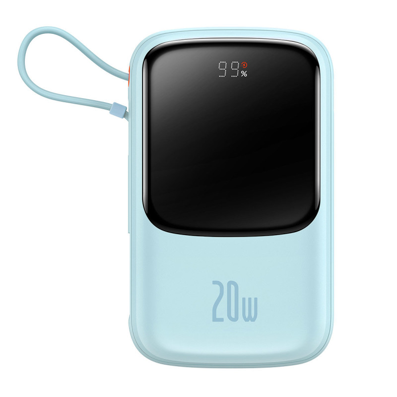 Qpow Powerbank 10000mAh integruotas kabelis iPhone Lightning 20W Quick Charge mėlynas